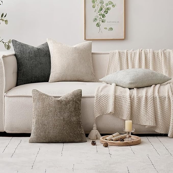 Pack of 4 Couch Throw Pillow Covers 18x18 Inch Neutral Soft Decorative Chenille Pillow Covers Farmhouse Boho Cushion Covers for Mid Century Modern Spring Home Decor Sofa Bedroom Living Room