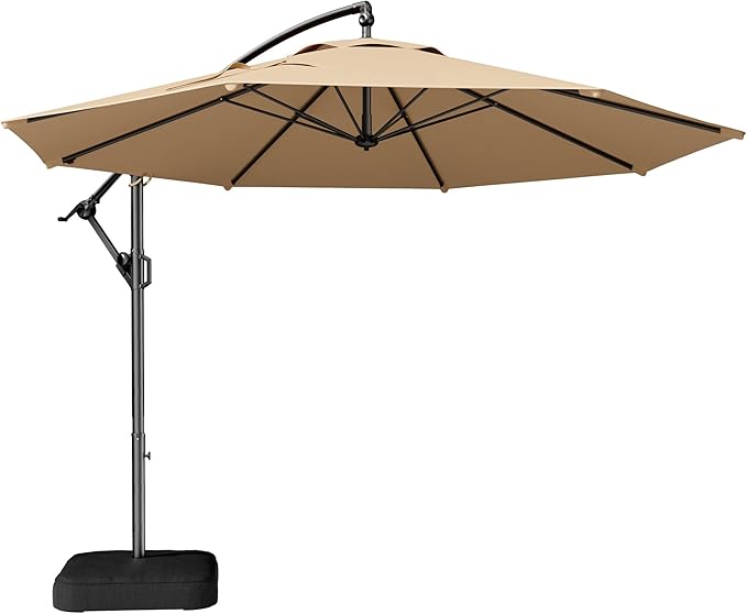HOMSHADE 10ft Offset Patio Umbrella with Base Included, Cantilever Offset Hanging Patio Outdoor Market Umbrella UPF50+ UV Protection with Easy Tilt and Crank for Pool Deck and Garden(Beige)