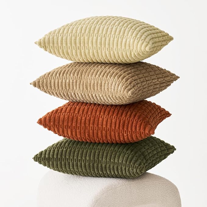 Pack of 4 Spring Boho Farmhouse Corduroy Decorative Throw Pillow Covers 18x18 Inch for Sofa Living Room Couch Bed Modern Retro Soft Striped Pillow Covers Home Decor Brown Green