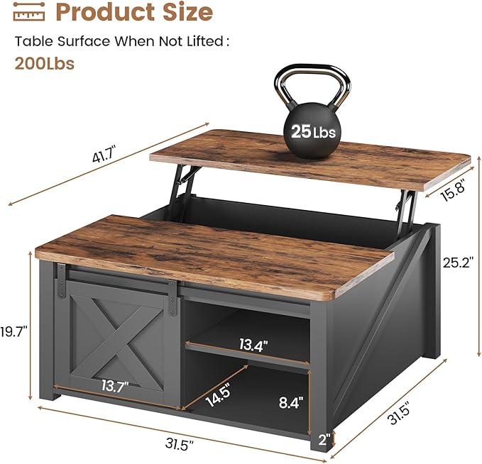 31.5" Lift Top Coffee Table with Storage, Square Coffee Tables for Living Room, Farmhouse Coffee Table with Large Hidden Storage Compartment and Adjustable Shelves, Black