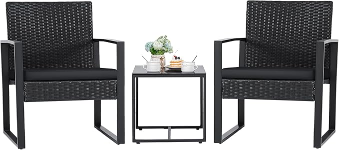 3 Pieces Outdoor Patio Wicker Furniture Set, Modern Rattan Chair Conversation Sets with Coffee Table for Yard and Bistro (Black)