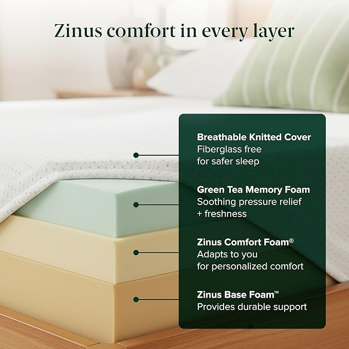 6 Inch Twin Green Tea Memory Foam Mattress [New Version], Fiberglass Free, Medium Firm Feel, Zoned Pressure Relief, Certified Safe Foams & Fabric, Mattress in A Box