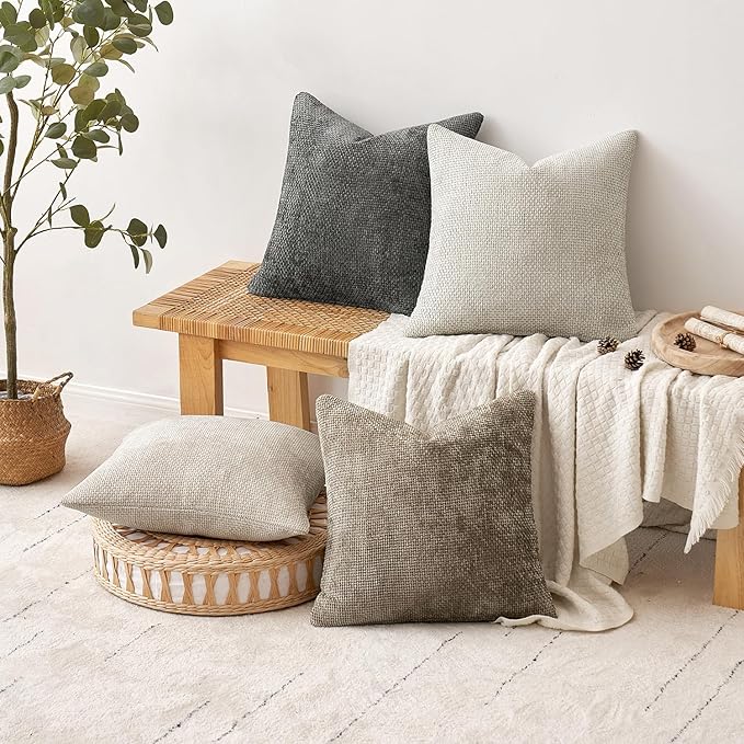 Pack of 4 Couch Throw Pillow Covers 18x18 Inch Neutral Soft Decorative Chenille Pillow Covers Farmhouse Boho Cushion Covers for Mid Century Modern Spring Home Decor Sofa Bedroom Living Room