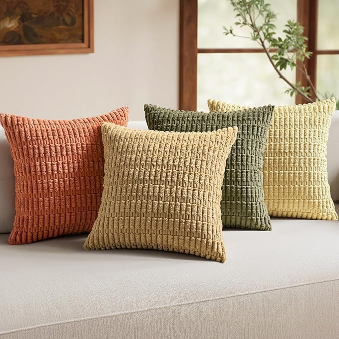 Pack of 4 Spring Boho Farmhouse Corduroy Decorative Throw Pillow Covers 18x18 Inch for Sofa Living Room Couch Bed Modern Retro Soft Striped Pillow Covers Home Decor Brown Green
