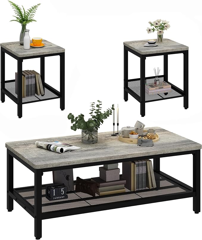 Coffee Table Set of 3, Industrial Coffee Table with 2 Square End Side Tables, Modern Living Room Table Set with Metal Frame for Apartment Home Office, Grey