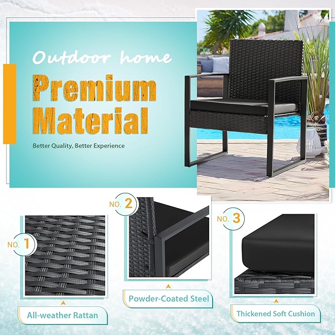 3 Pieces Outdoor Patio Wicker Furniture Set, Modern Rattan Chair Conversation Sets with Coffee Table for Yard and Bistro (Black)