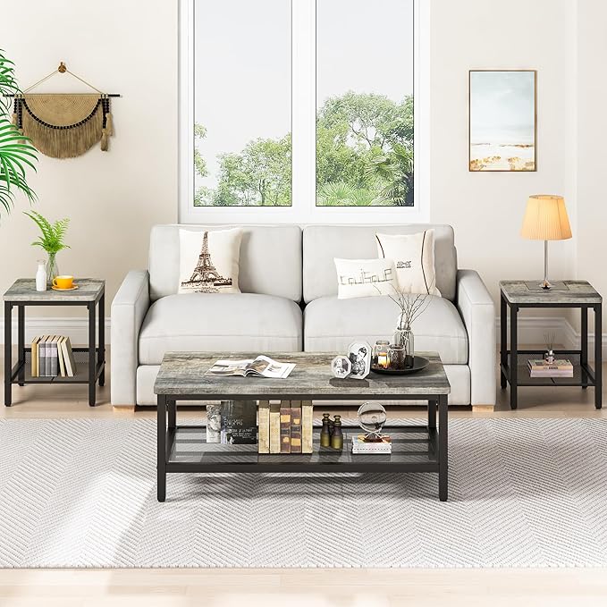 Coffee Table Set of 3, Industrial Coffee Table with 2 Square End Side Tables, Modern Living Room Table Set with Metal Frame for Apartment Home Office, Grey