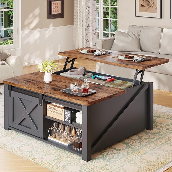 31.5" Lift Top Coffee Table with Storage, Square Coffee Tables for Living Room, Farmhouse Coffee Table with Large Hidden Storage Compartment and Adjustable Shelves, Black
