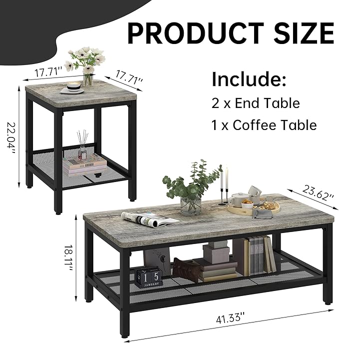 Coffee Table Set of 3, Industrial Coffee Table with 2 Square End Side Tables, Modern Living Room Table Set with Metal Frame for Apartment Home Office, Grey