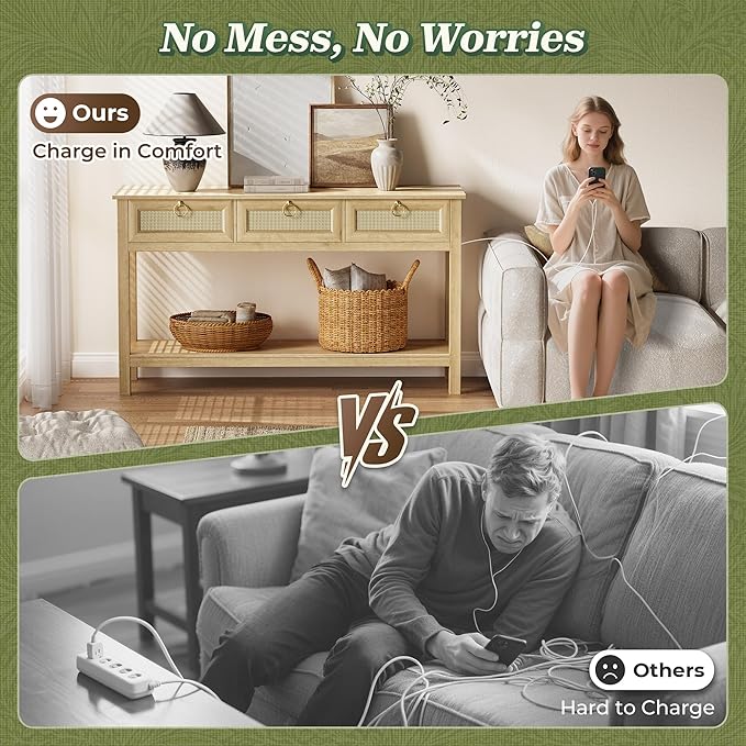 Rattan Console Sofa Table with Outlets and USB-C Port, 3 Drawer Entryway Table with Synthetic Rattan Surface, Open Shelf, Behind Couch Entry Foyer Hallway Storage, Natural