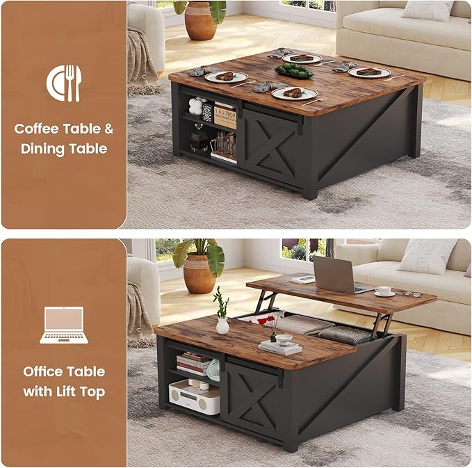 31.5" Lift Top Coffee Table with Storage, Square Coffee Tables for Living Room, Farmhouse Coffee Table with Large Hidden Storage Compartment and Adjustable Shelves, Black
