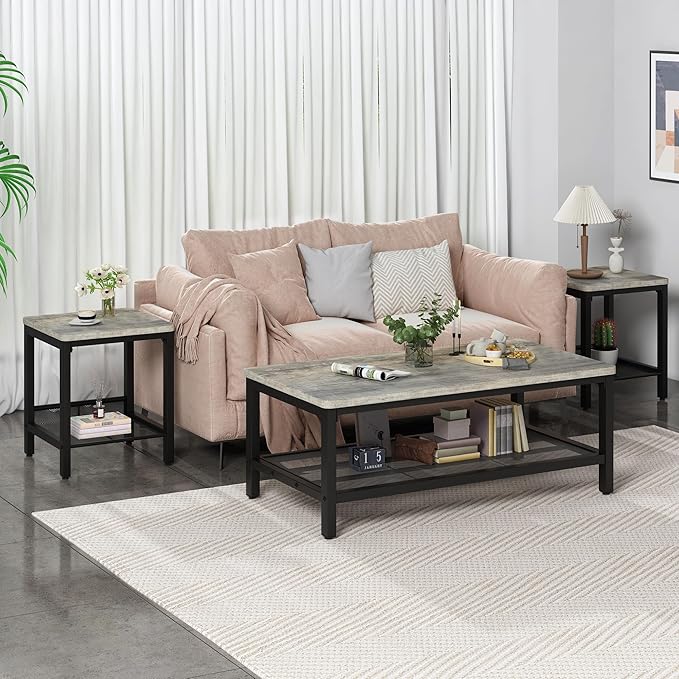 Coffee Table Set of 3, Industrial Coffee Table with 2 Square End Side Tables, Modern Living Room Table Set with Metal Frame for Apartment Home Office, Grey