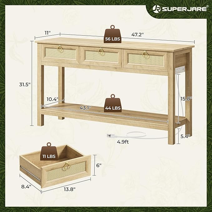 Rattan Console Sofa Table with Outlets and USB-C Port, 3 Drawer Entryway Table with Synthetic Rattan Surface, Open Shelf, Behind Couch Entry Foyer Hallway Storage, Natural