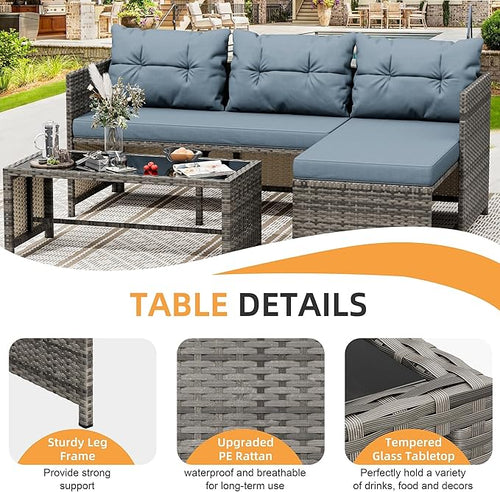 3-Piece Outdoor Patio Furniture Sets, Wicker Patio Conversation Sets, All Weather Wicker Rattan Patio Seating Sofas with Glass Coffee Table and Cushion, Blue-Gray