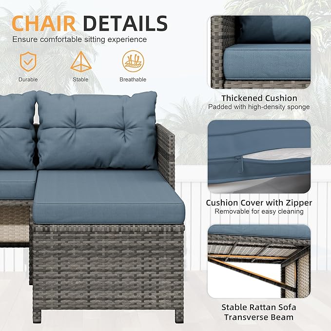 3-Piece Outdoor Patio Furniture Sets, Wicker Patio Conversation Sets, All Weather Wicker Rattan Patio Seating Sofas with Glass Coffee Table and Cushion, Blue-Gray