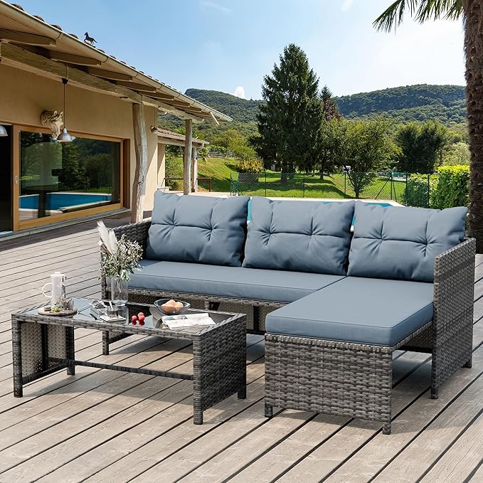 3-Piece Outdoor Patio Furniture Sets, Wicker Patio Conversation Sets, All Weather Wicker Rattan Patio Seating Sofas with Glass Coffee Table and Cushion, Blue-Gray