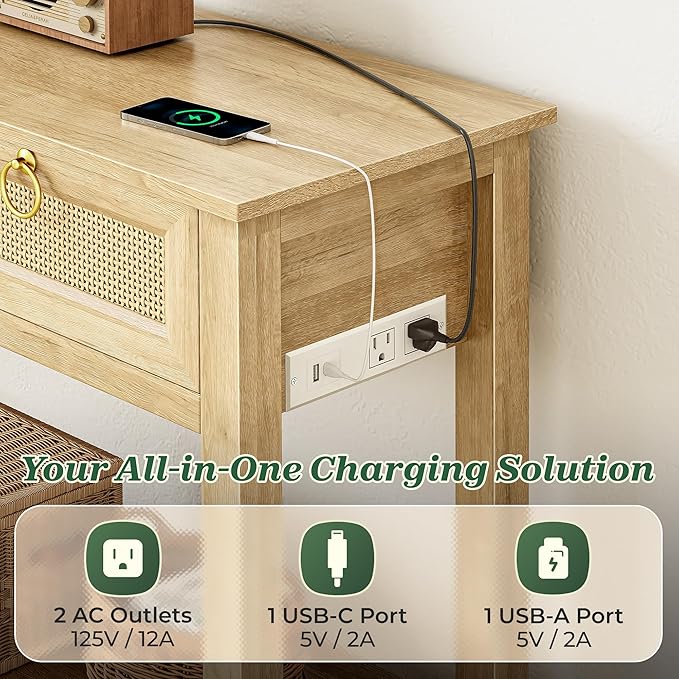 Rattan Console Sofa Table with Outlets and USB-C Port, 3 Drawer Entryway Table with Synthetic Rattan Surface, Open Shelf, Behind Couch Entry Foyer Hallway Storage, Natural